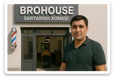 eni shu rasimga manashu odamga uxhshasin sartaosh eshik oldida tursin va tashqarida esa mijoz rasm esa 16 ga 9 bulsin 1920x1080 sticker