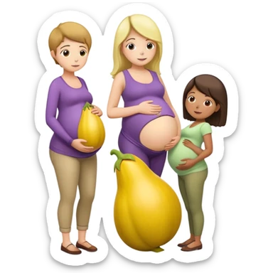yellow eggplant on top of a pregnant person, with a bowing person turned to the side sticker