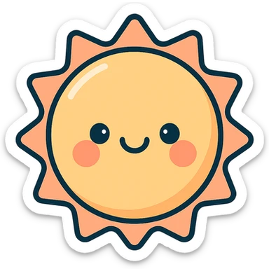 kawaii sun illustration, icon-color-outlined style, detailed shading, highlights, thin clean outlines, soft rounded features, pastel palette #98B5BC #B5B3C1 #C9A3C9 #E4C0CA #F7DCD1 #F7C0AA, modern Japanese pop art and sticker aesthetic, highly detailed, vector clarity, soft lighting, subtle shadows, transparent background sticker