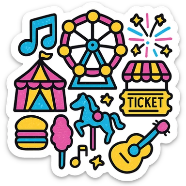 A festival scene with a variety of colorful and vibrant icons representing different activities and attractions sticker