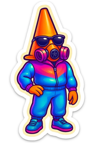 Create emoji-style variations of a character with a pylon cone head, sunglasses, and gas mask. Try different outfits, accessories, and poses. Transparent background. sticker