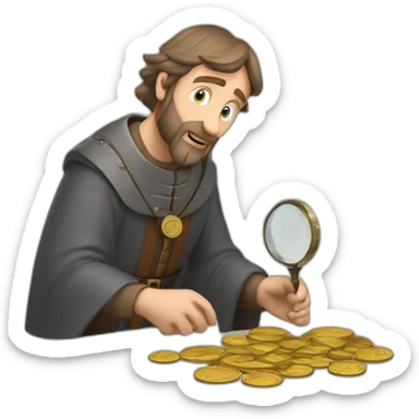 medieval coin collector, looking at a coin with a magnifying lense sticker