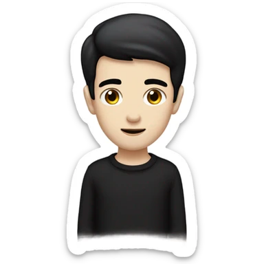 A pale man with straight black hair and hazel eyes and a black jumper sticker