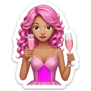 One lady with long pink curled hair and tan skin holding a glass of  pink champagne in each hand sticker