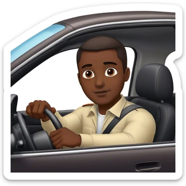 A dark-skinned man is sitting in a car and performing a shoulder check while driving. sticker