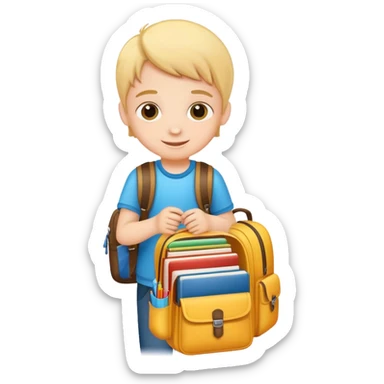 child packing a school bag with books and supplies, cheerful and organized sticker