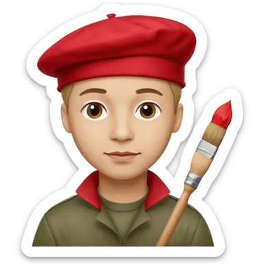 man artist with red beret and painter sticker