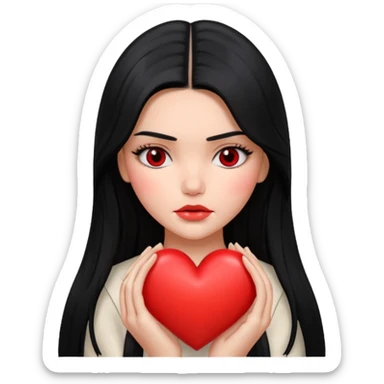 A Kendall Jenner with long black hair is sad and holds a red heart in her hands sticker