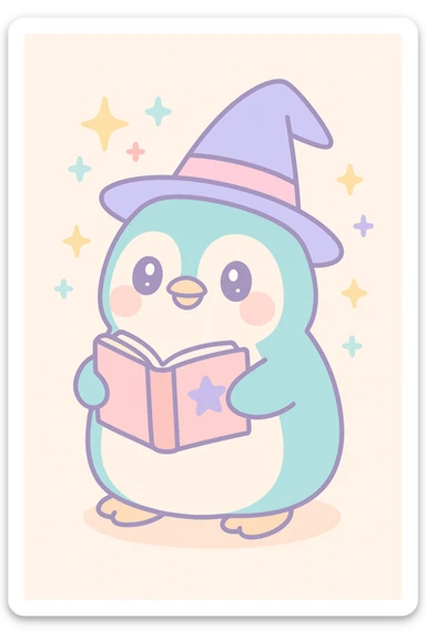 a chubby penguin with a wizard hat, magical sparkles around, and a book of spells sticker