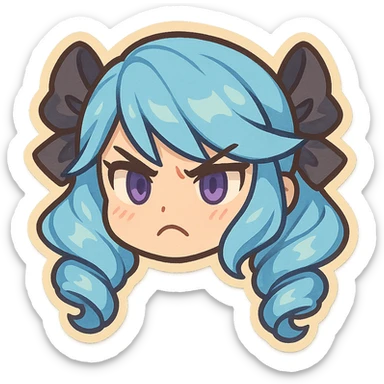 Gwen from League of Legends, chibi style, just the head, right eye purple, angry expression sticker