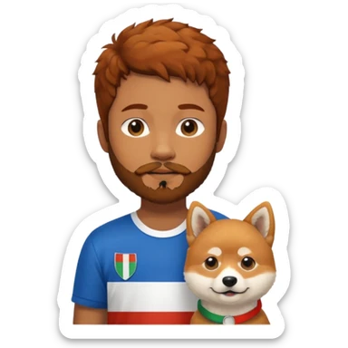 Italy flag shirt boy with beard brown reddish curly hair next to Shiba Inu sticker