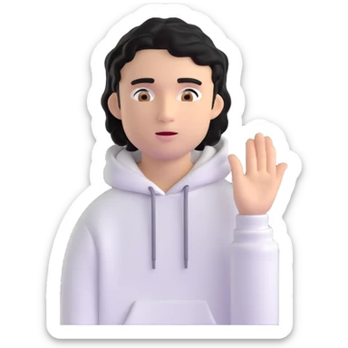 handsome young man with wavy black hair, black eyes, no beard or mustache, wearing a white hoodie, 3D emoji style sticker