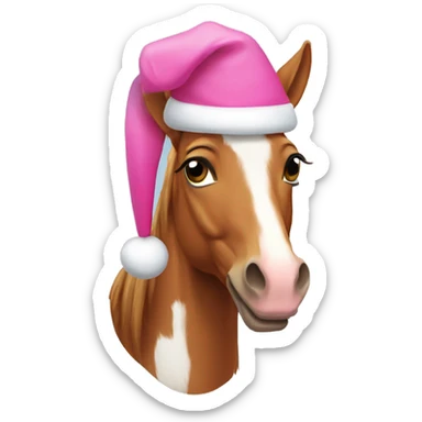 Chestnut horse wearing a pink christmas hat sticker