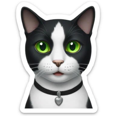 A black cat with green eyes with a white mustache, a white stripe on its nose, a full-length white breast and white paws sticker