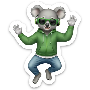 anthropomorphised koala, full body, wearing a hoodie and jeans, dark sunglasses, headphones, dressed for St. Patrick's Day, jumping in a different pose sticker