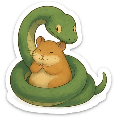 ghibli style snake hugging a hamster sticker