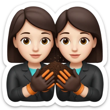 A 3D cartoon pair of gloved hands holding rich dark soil, small bits falling between fingers, bright garden background, soft light, Memoji-style realism. sticker