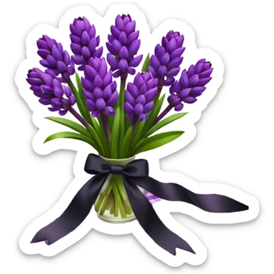 A lush bouquet of bright prple color Hyacinths black satin ribbon, resting on an antique wooden table, with a pale yellow and pink plaid pattern table cloth sticker