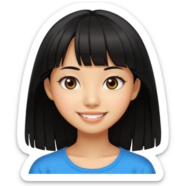 20 yr old asian woman hair  center part big eyes big smile tanned skin straight black hair center part hair long bangs sticker
