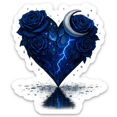 gothic heart formed from splintered deep blue glass, embellished with a silver crescent moon, midnight blue roses, sparkling holographic stardust, neon lightning, wet reflective surface sticker