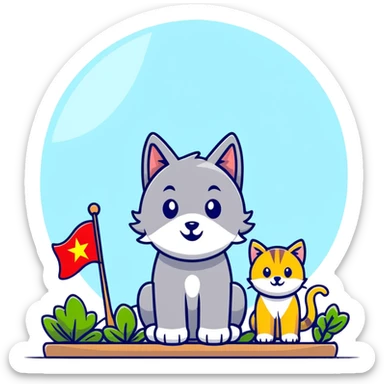 cat, dog, wolf, Vietnam flag, tree, elephant, and a glass all together in cartoonish sticker style sticker