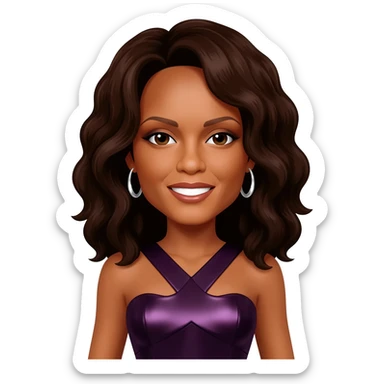 Whitney Houston with dark brown hair, dark purple metallic dress, silver earrings sticker