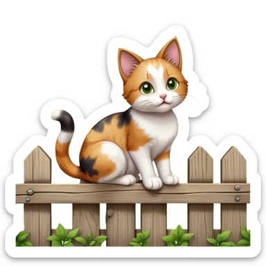 A playful cat sitting on a wooden fence, tail swishing, ears perked up, with a curious expression, surrounded by soft sunlight and a few green leaves in the background. sticker