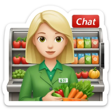 Eine Person die an der Supermarktkasse steht. Die Kasse ist gekennzeichnet als "Plauderkasse" und im grünen Design. sticker