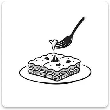 A hand-drawn plate of lasagna with a fork taking a bite, showing the layers sticker