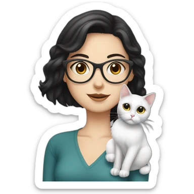 White girl with glasses and black hair hold a grise cat  sticker