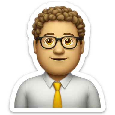 A fat man wearing glasses, with a square face, naturally curly hair and yellow skin sticker