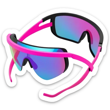 sporty neon pink shield visor sunglasses with thick black frame and integrated elastic strap, oversized one-piece mirrored lens, extremely durable design sticker