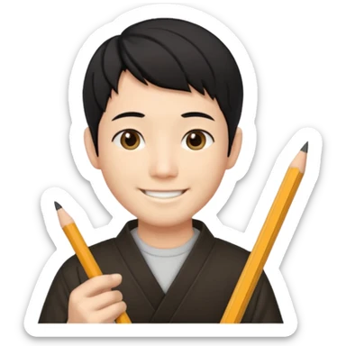 A Japanese male character with short hair, smiling, holding a pencil in his hand. sticker