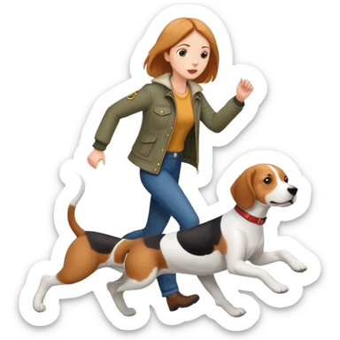 A beautiful tall girl with fair skin wearing a jacket chasing a beagle sticker