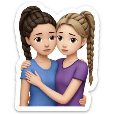 Comforting Hug two white skin women, one shorter woman with medium brown simple top ponytail, not braided, and one taller skinny sad face woman with a single long black side braid sticker