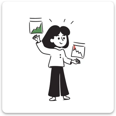Girl holding chart with rising green graph line in right hand and holding another chart with falling red graph line in left hand sticker