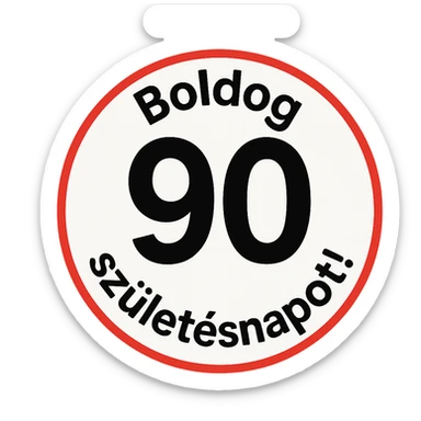 circular sign with red and white color scheme, large black number 90 in the center, text 'Boldog' at the top, text 'születésnapot!' at the bottom, style like the reference, 1000x1000 px, transparent background, PNG sticker