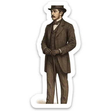 19th century gentleman standing, top hat, formal suit, gloves, dignified posture, full body, no background, unique visual style sticker