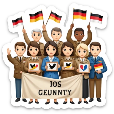 people holding protest signs, Berlin Wall in the background, peace dove, East and West Germany flags, 1950s and 60s sticker