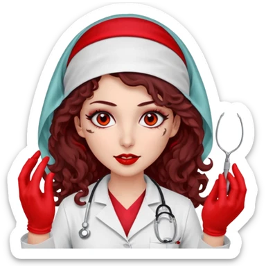 Lilith scalpel in hand, evil surgeon outfit.  She has red eyes. She has dark brown curly hair. Hair is long . Wears sexy doctor outfit with red gloves. Covers nose, neck and mouth with Muslims  sticker