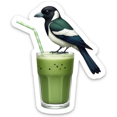 It’s an Australien Magpie sitting on an iced matcha latte on the edge of the glass. It has green matcha on its beak indicating it drank. The iced matxha latte is in a see through glass and white from the oat milk on the bottom and green on top…and there is a straw in the drink and ice cubes sticker