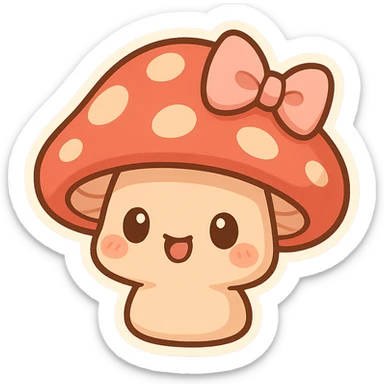 chibi sticker-style mushroom with a bow, cute and exaggerated sticker