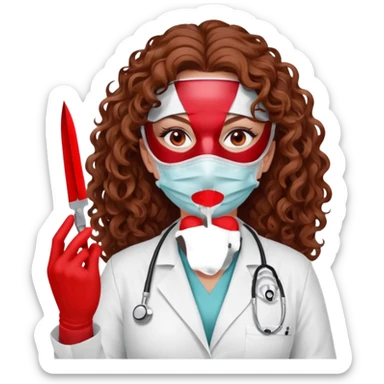 Scary woman scalpel in hand, evil surgeon sexy surgeon clothes.  She has red eyes. Her  brown long curly hair. Wears sexy doctor outfit with red gloves. make her hair free and brown but have mouthy  wear  mask  to hide. Wears white surgeon jacket and sticker