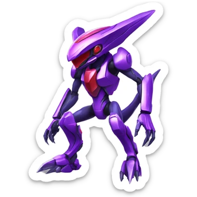 a shiny purple-red Genesect-Raptor-Fakémon—hybrid with a futuristic visor-helmet full body sticker