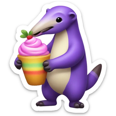 Full body Purple anteater holding a rainbow parfait sticker