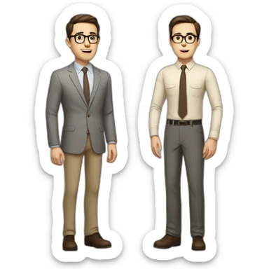 Full height Actively gesturing with hands Pale skinned fit man with dark brown hair in gray jacket, beige office shirt, brown tie, brown pants and vintage glasses. sticker