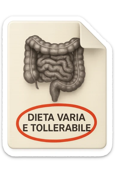emoji stile iphone di un foglio con un INTESTINO disegnatO sopra e la scritta "DIETA VARIA E TOLLERABILE" CERCHIATA IN ROSSO, iperrealistico 4k, isolato su sfondo bianco sticker