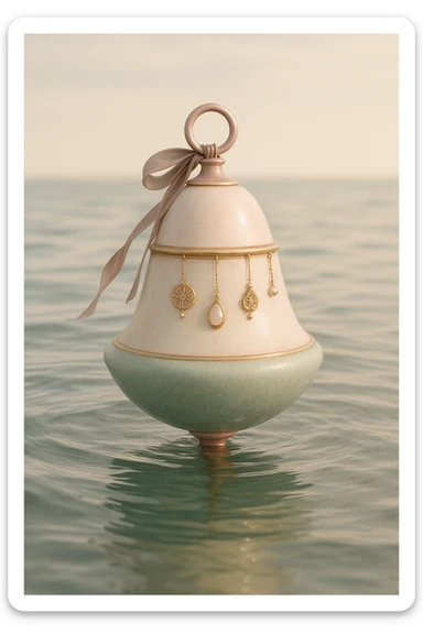 elegant buoy with subtle feminine touches and pendants, floating in the sea, soft color palette, refined and mature, not cartoonish, realistic style sticker