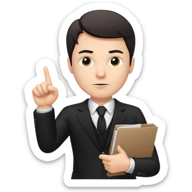 A white man in a black suit stands with a serious face and points at his hand holding papers. sticker