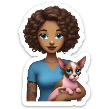 Beautiful tattooed curly dark brown haired woman holding a boxer dog and  pink sphinx cat with blue eyes sticker